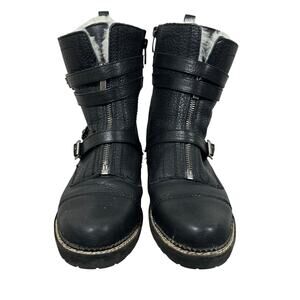 Arturo Chiang Moto Boots Women's 7 Black Leather Buckle Shearling Lined